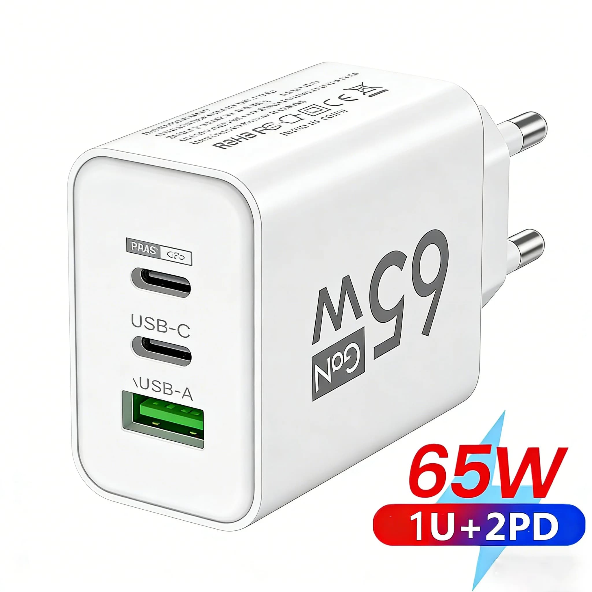 Caricatore USB C GaN da 65W con 3 Porte PD3.0 QC3.0, Caricatore Rapido da Viaggio, Adattatore da Muro per iPhone 16 Samsung Xiaomi Tablet EU US KR