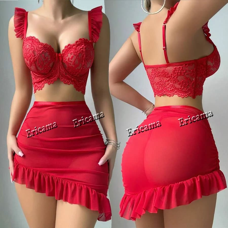 Set di lingerie sexy per donna Abito babedoll in rete con reggiseno push up con ferretto Biancheria intima erotica in pizzo Indumenti da notte Lingerie premaman