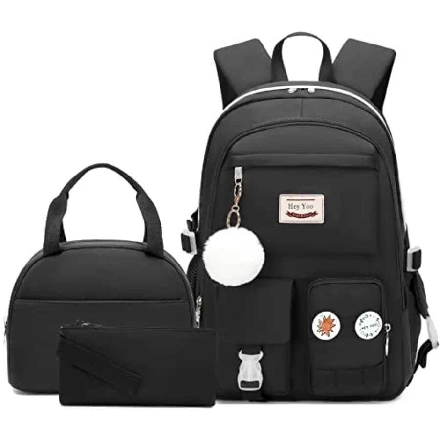 School Backpack for Girls Backpack with Lunch Box Teen Girl Backpack Set Cute School Bag Bookbag for Teen Girls Black