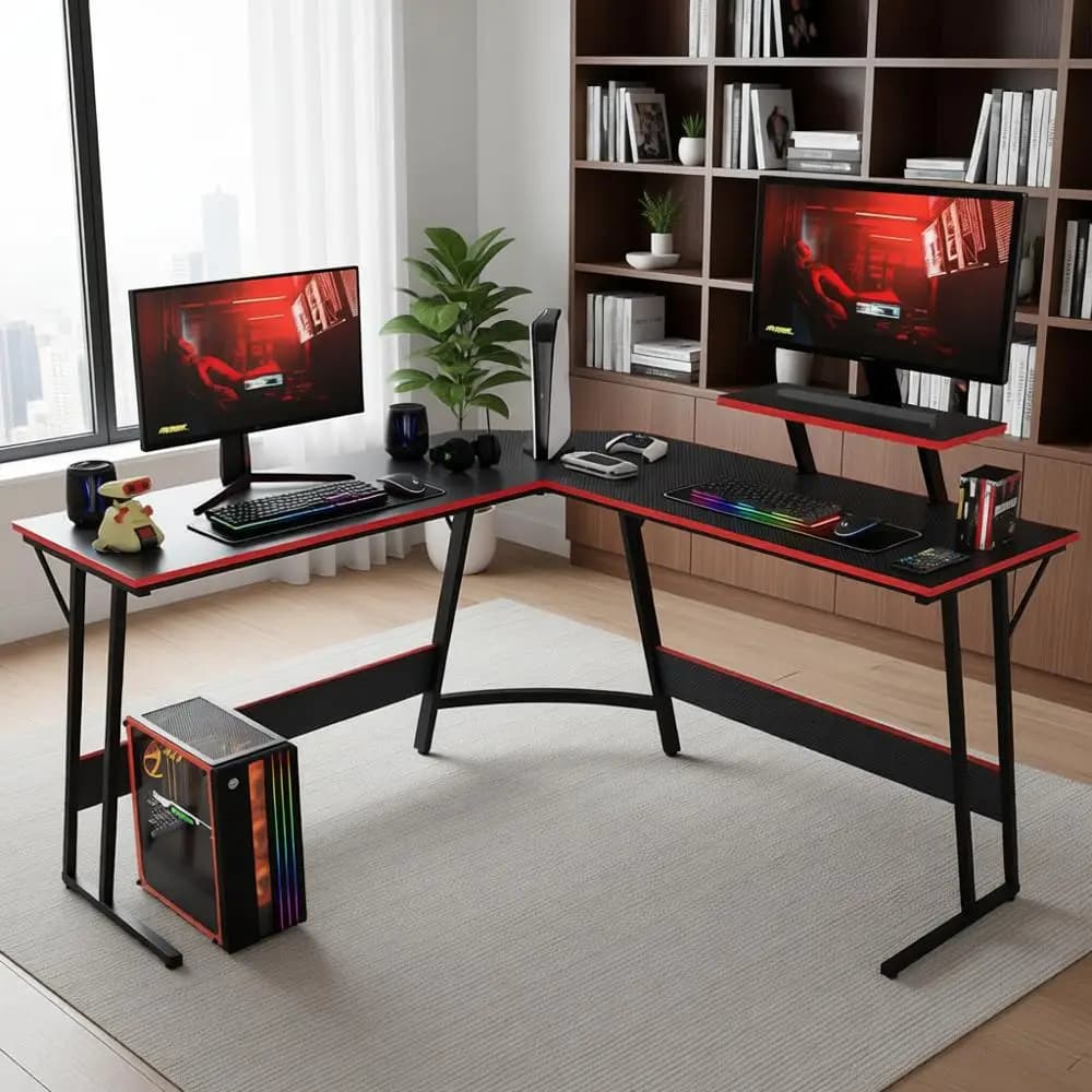 Scrivania a L Nera per Gaming e Studio con Ampia Superficie di Lavoro per Casa e Ufficio