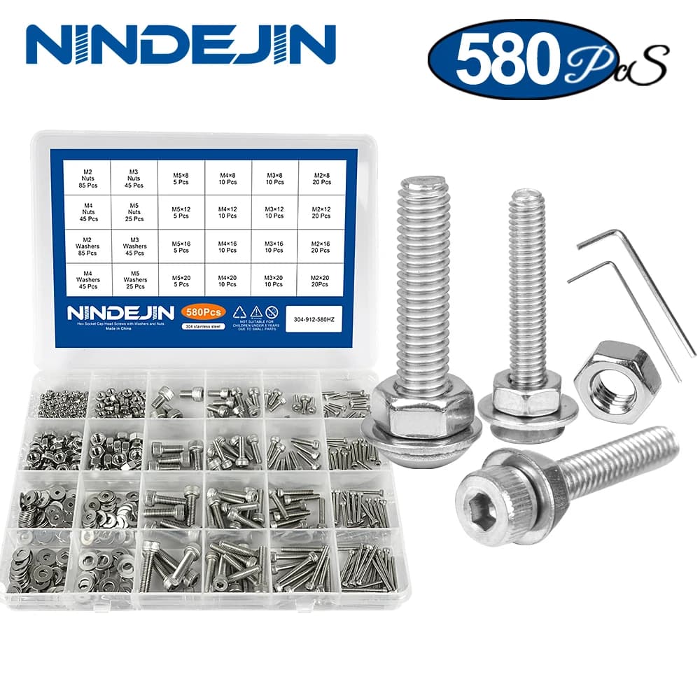 NINDEJIN 580 pz/set Set di dadi a vite a testa cilindrica con esagono incassato in acciaio inossidabile M2 M3 M4 M5 vite a testa tonda piatta esagonale Kit assortito