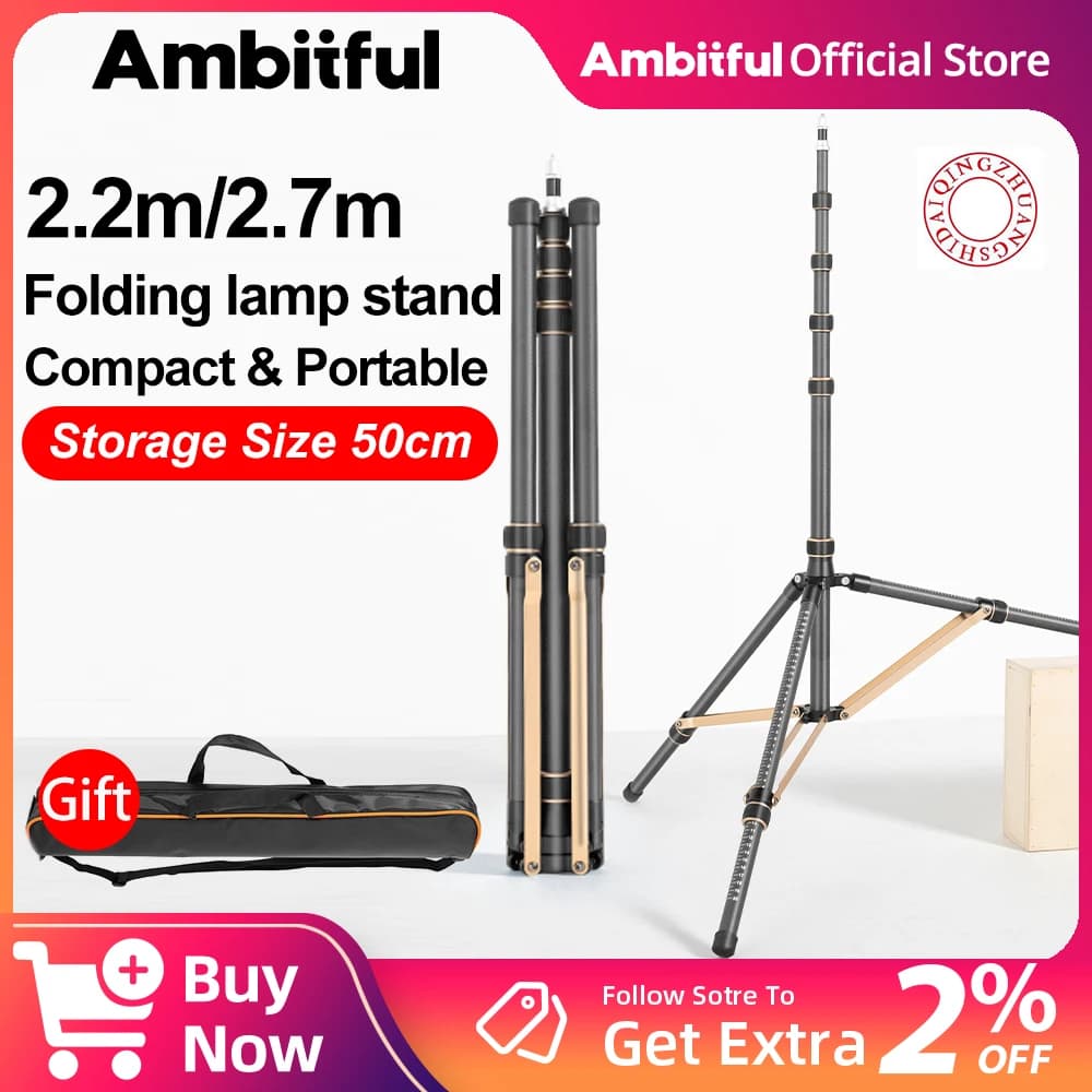 QZSD LS-255/285 2.2m 2.7m Treppiede portatile in fibra di carbonio in lega di alluminio Fotografia Supporto per luce pieghevole inverso per esterni