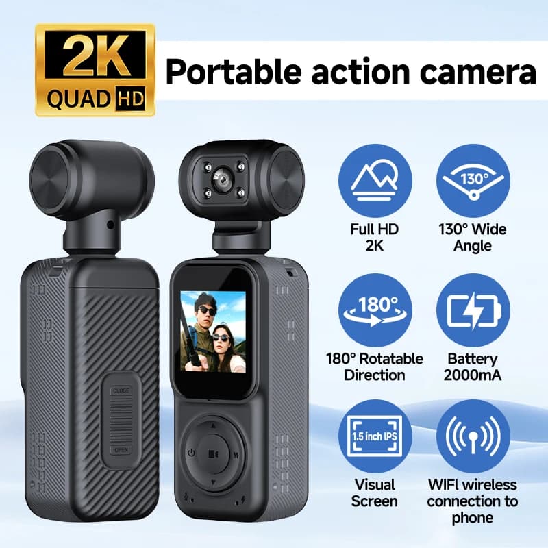 2K HD Portable Action Camera, 180° Rotatable Lens WiFi Sports Cam with 1.5" Screen, 2000mAh Vlog Camera for Outdoor Travel