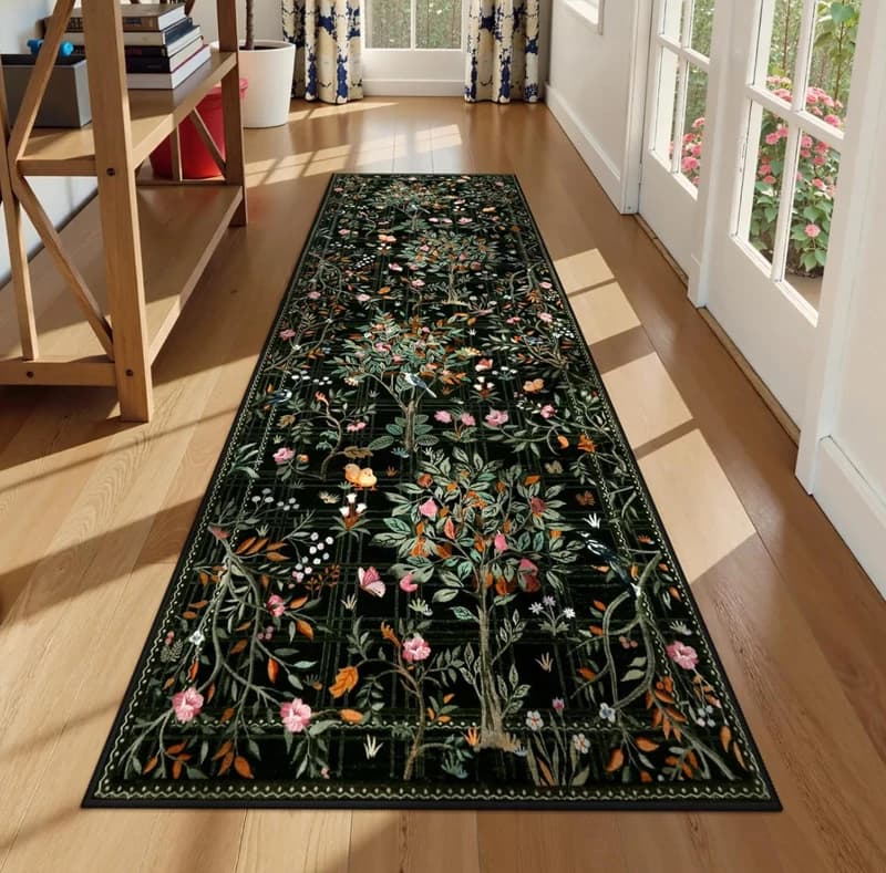Elegant floral long carpet with dark base, luxury decorative non-slip mat for kitchen, hallway, living room, home decoration, soft floor