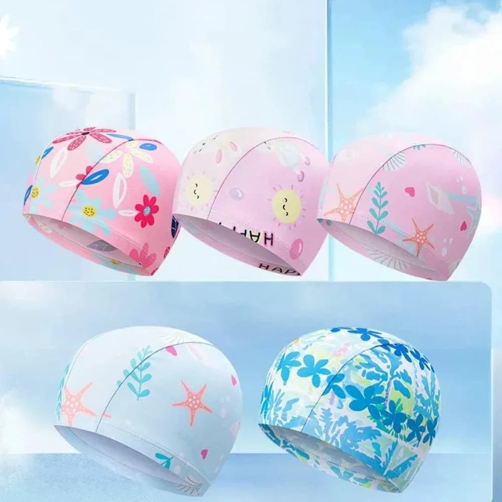 Cartoon Polyester Swim Cap Cartoon Print High Elasticity Swimming Hat Waterproof Kids Swim Cap Beach