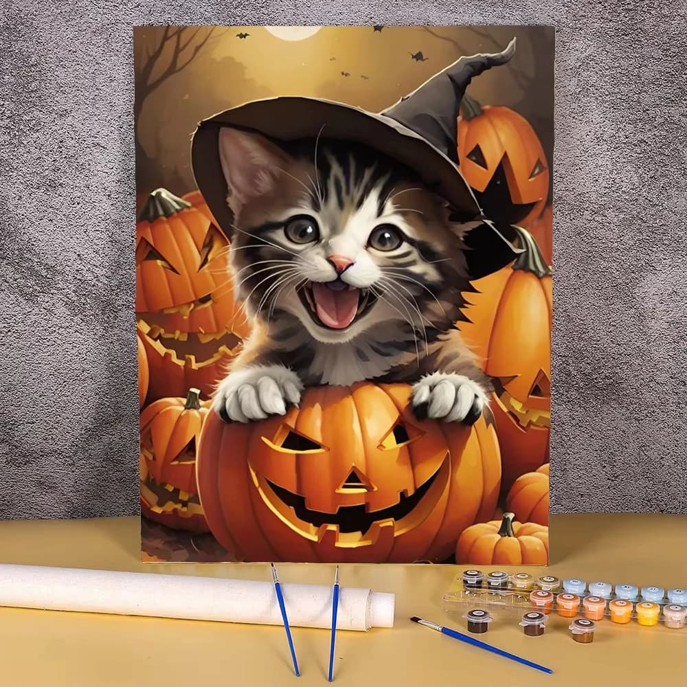Acrylic Paint By Numbers Witch Black Cat Handpainted Canvas Painting Halloween Idea Coloring By Numbers Home Decor on The Wall