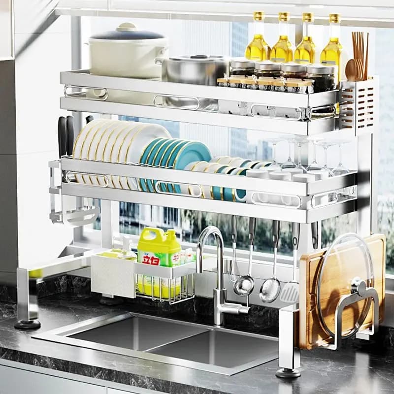 Stainless Steel Sink Shelf Bowl Drain Rack Kitchen Storage Multifunctional Dish Cutlery Knife Spoon Rack Set Organizer