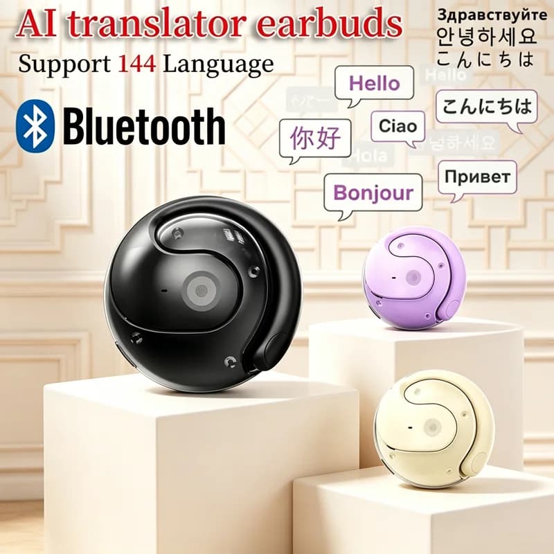 Wireless Bluetooth AI Real-time Language Translation Earphones 144 Languages Ear Hanging Headphone Translator for Travel Busine