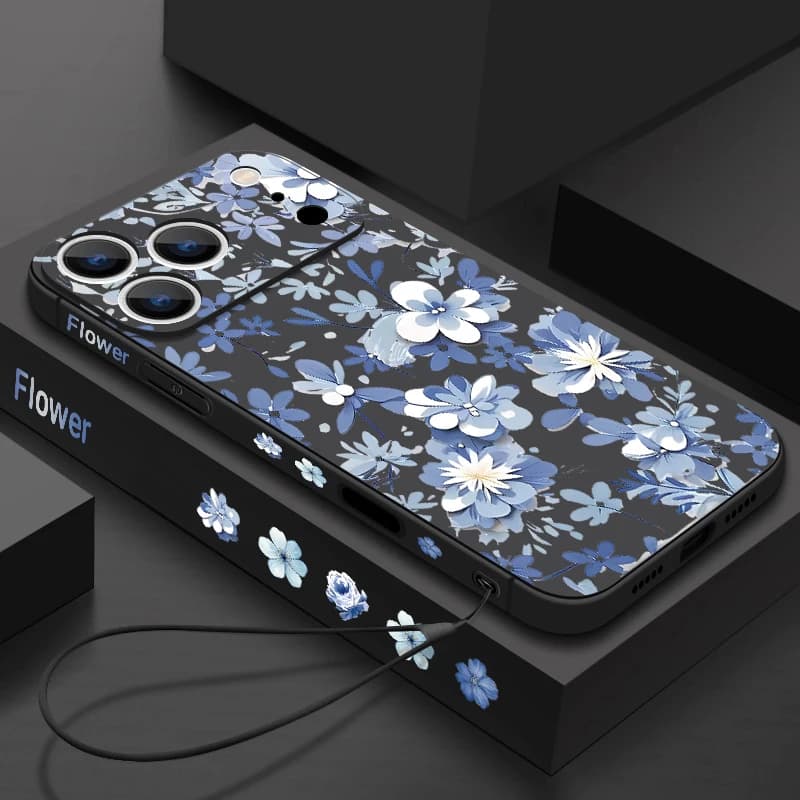 Custodia per telefono per iPhone 17 Pro Max Custodia con cordino con motivo floreale blu e bianco per Funda iPhone 16 Pro Max 15 14 13 12 11 16e Air