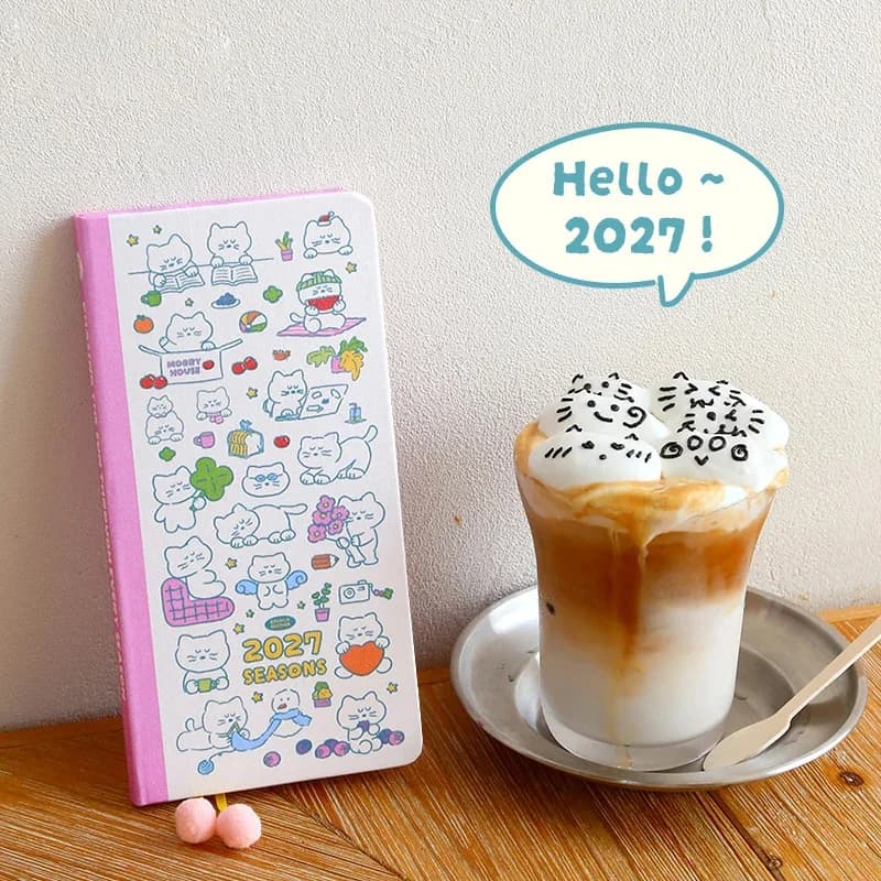 2027 Kinbor Weeks Planner Notebook Layout Journal Cute Cat Pattern Agenda Notebook Portable Time Management Diary For Daily Plan