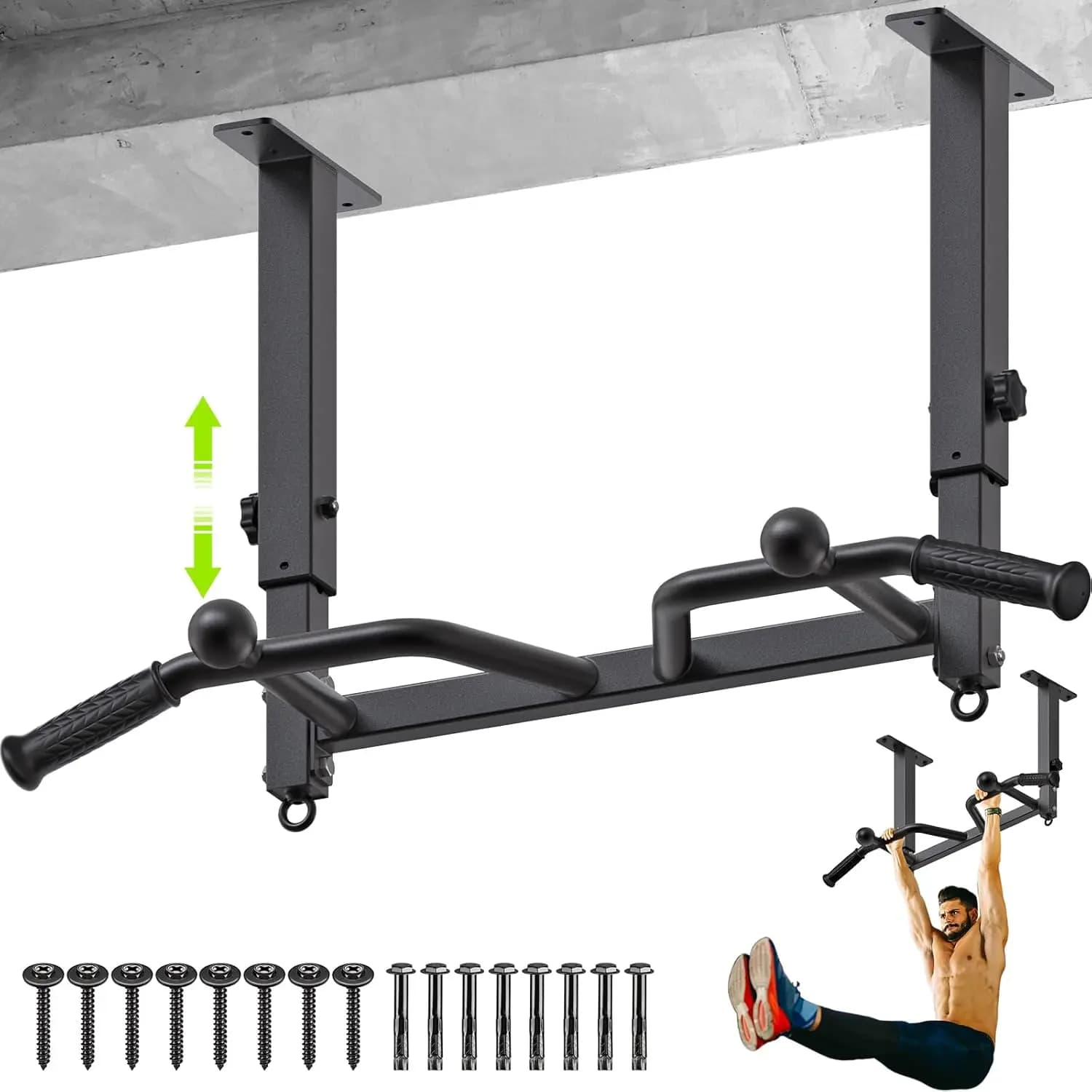 Welded traction bar for heavy duty, ceiling traction bar with 2 rings and balls, thick metal for workouts, supports up to 227 kg