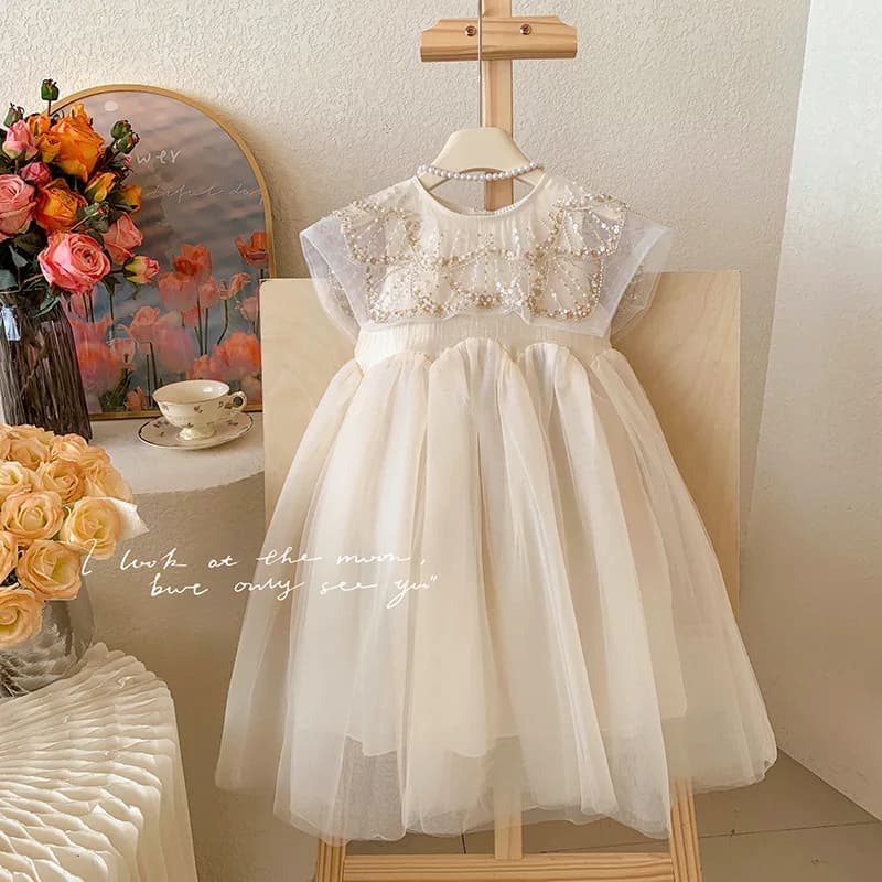 Kid Girl Elegant Tulle Dress for Children Sequin Embellished Mesh Short Sleeves Layered Tulle Skirt Comfortable Casual Summer