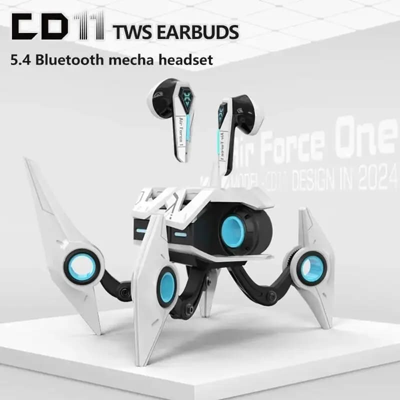 Bluetooth 5.4 Mecha Space Beetle Wireless Headphones with Transformable Charging Case, In-Ear Headphones with Noise Cancellation, RGB, Hifi for Gaming