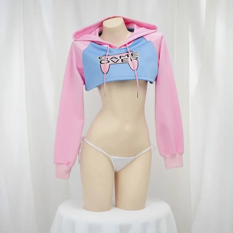 Cute Long Sleeve Crop Top Hoodie Pink Blue Matching Style Girls Student Outfit for Cosplay Nightgown