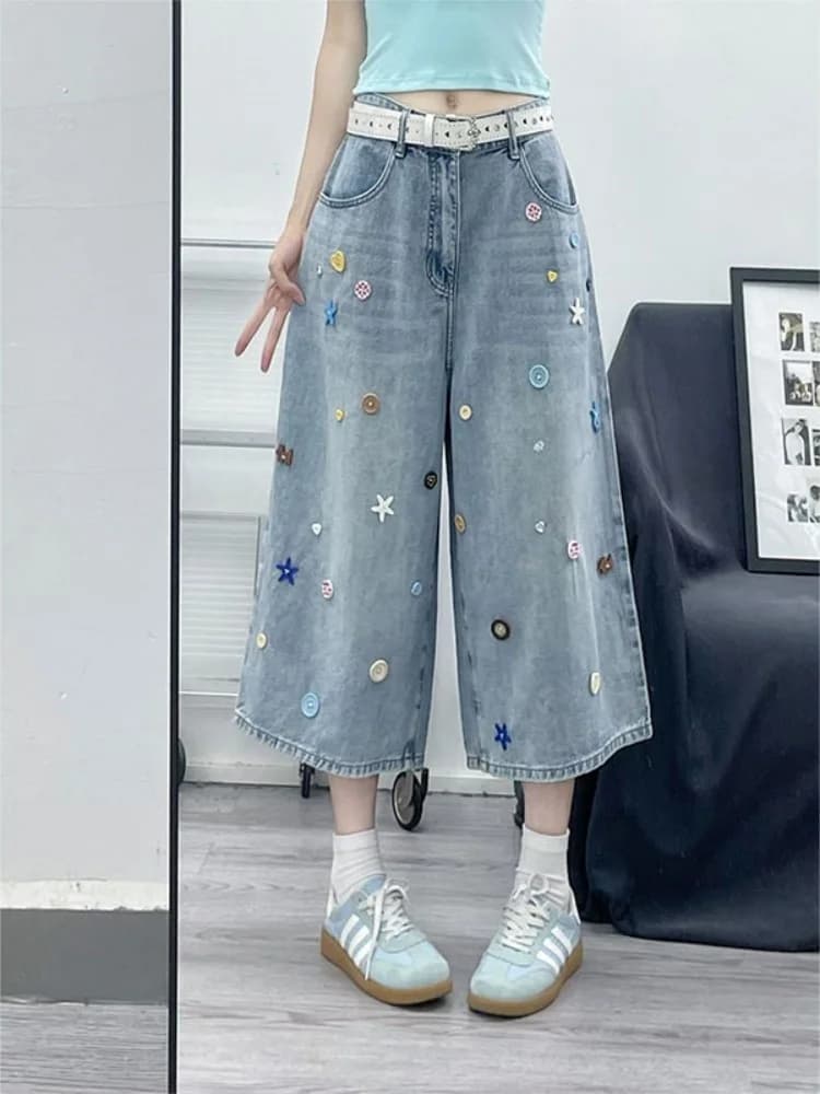 Retro American Washed Light Blue Seven-Five Denim Shorts Women Summer New Design Sensation Button Wide Leg Jeans