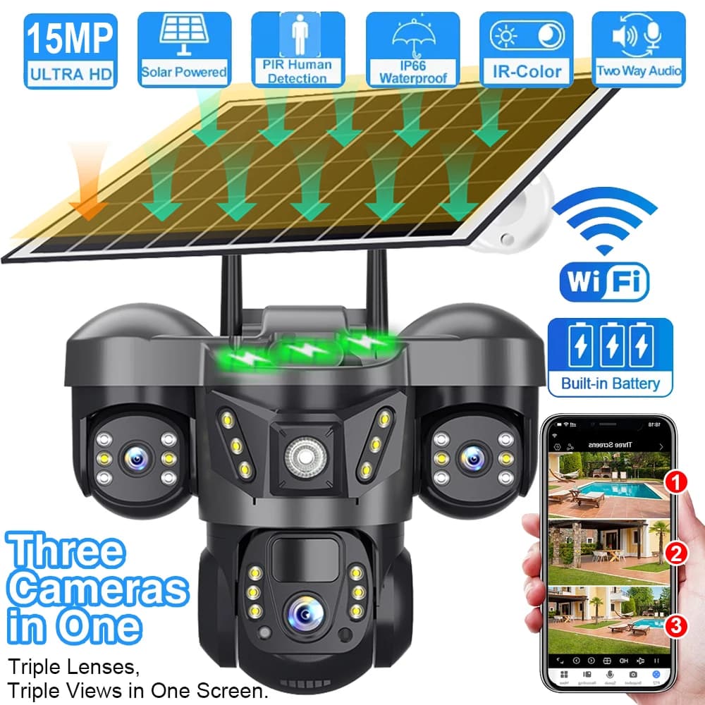 Telecamera solare WiFi V380 Pro Tripla lenti PIR Rilevazione umana Visione notturna Sicurezza impermeabile CCTV Camara Batteria Monitor video