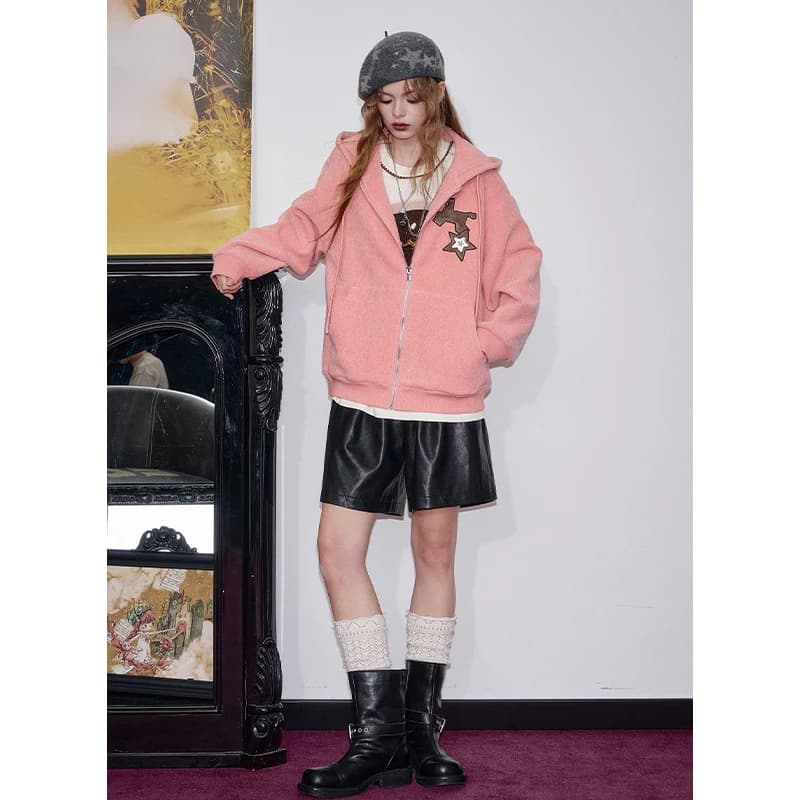 ELFSACK 2025 Autunno Nuovi Arrivi Casual Y2K Texture a forma di cuore Modello a stella Giacca con cappuccio con coulisse per donna