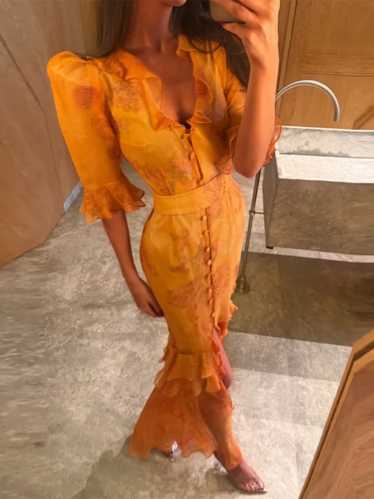 Sexy Print Women Long Dress Urban V-neck Single Breasted Ruffles Half Sleeve Female Dresses 2026 Summer Autumn Lady Robe New