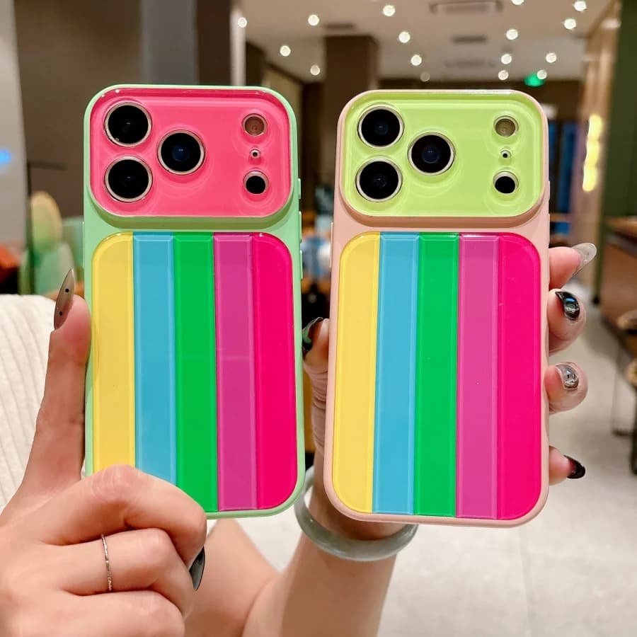 Ice-cold Cool touch Color Collision Large Window Phone Case For iPhone 15 14 16 17 Pro Max Tempered Glass Back Cover