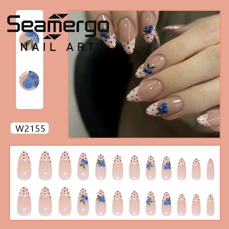 24 Unghie Finte a Mandorla con Motivo a Pois Blu e Rosa Nude, Unghie Finte Dolci a Pressione, Nail Art Fruttata per Donna, Design Dolce e Carino per Uso Quotidiano