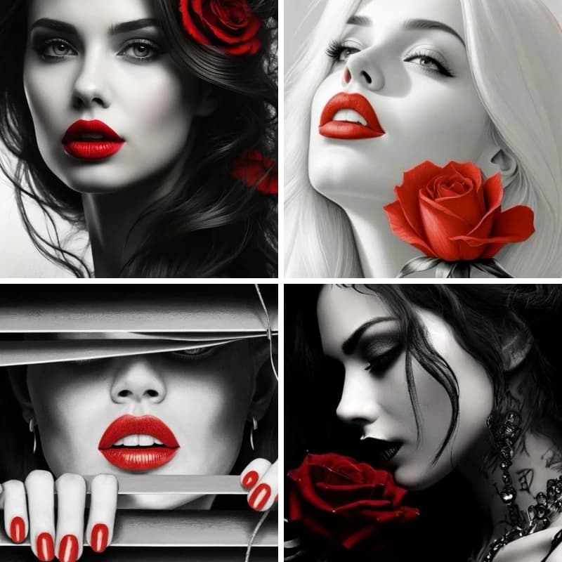 Girl Black White Art Lip Red DIY 5D Trapano Complete Diamond Art Painting Kit, Resin Square Rhinestones Embroidery Cross Point Art