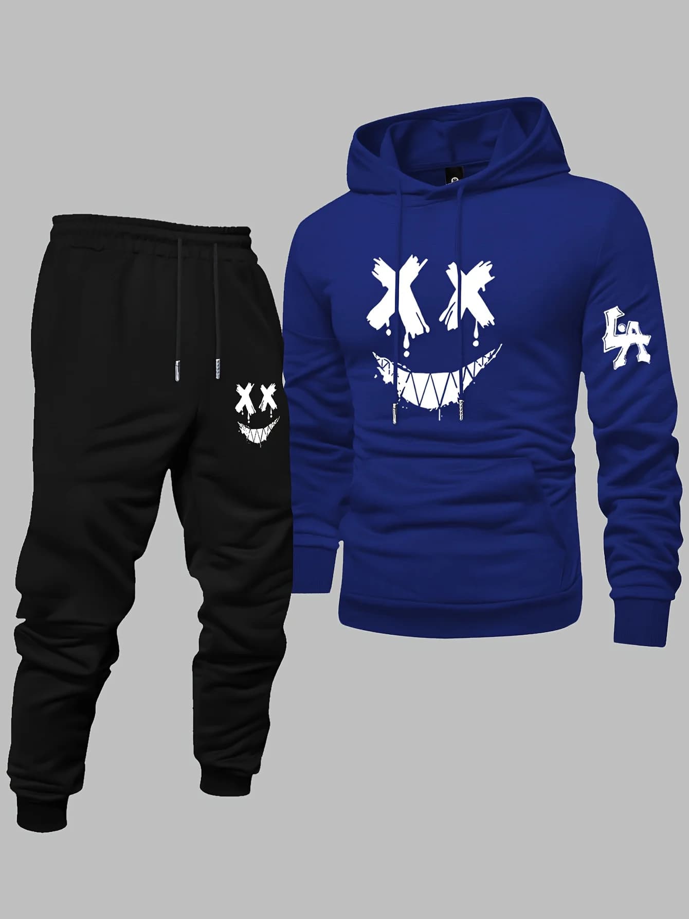 2026 Men Trendy Streetwear Tracksuit 2 Piece Set X Eyes Smiley Graphic Print Long Sleeve Hoodie Jogger Pants Casual Sport Outfit