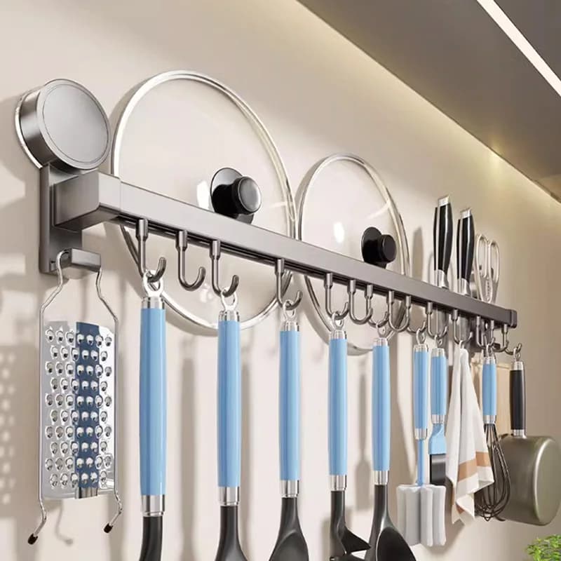 Wall Mounted Kitchen Hook Rack No-Punching Wall Hangers Rail Kitchen Utensils Rack Spoon Shovel Chopping Board Storage Rack