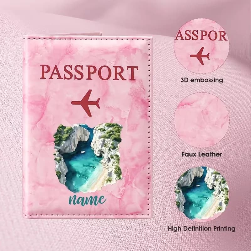 Personalized Name Watercolor Landscape Island Illustration Design PU Passport Holder, Featuring a Natural Bay Scene Surrounded