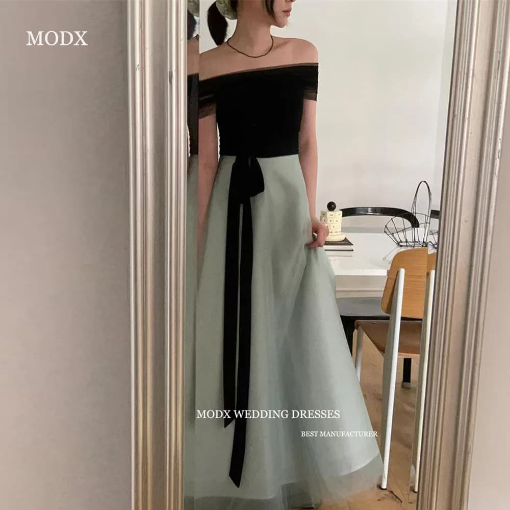 MODX Simple Sage Green Black Evening Party Dresses Korea Photo shoot Wedding Tulle Floor length Prom Gowns Corset Back Customize