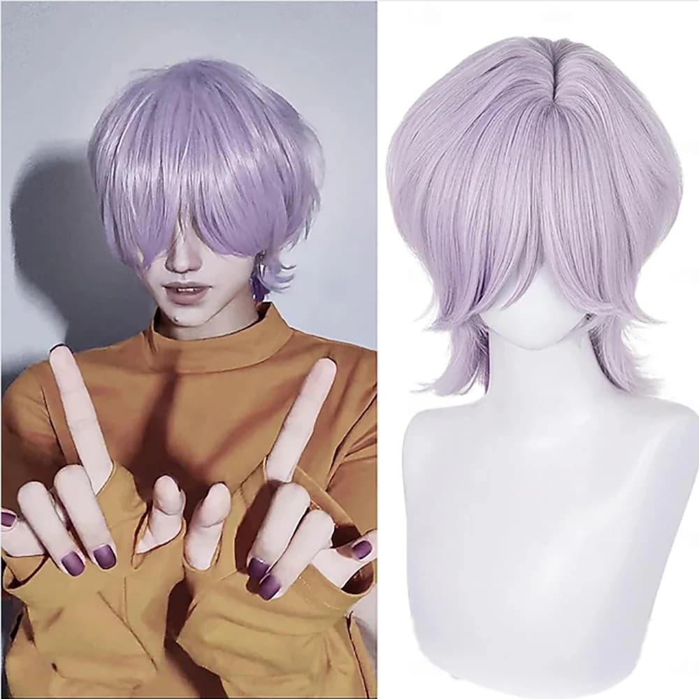 Capelli sintetici Film Anime Parrucca cosplay ispirata agli idoli coreani Parrucca pop star Parrucca corta viola chiaro