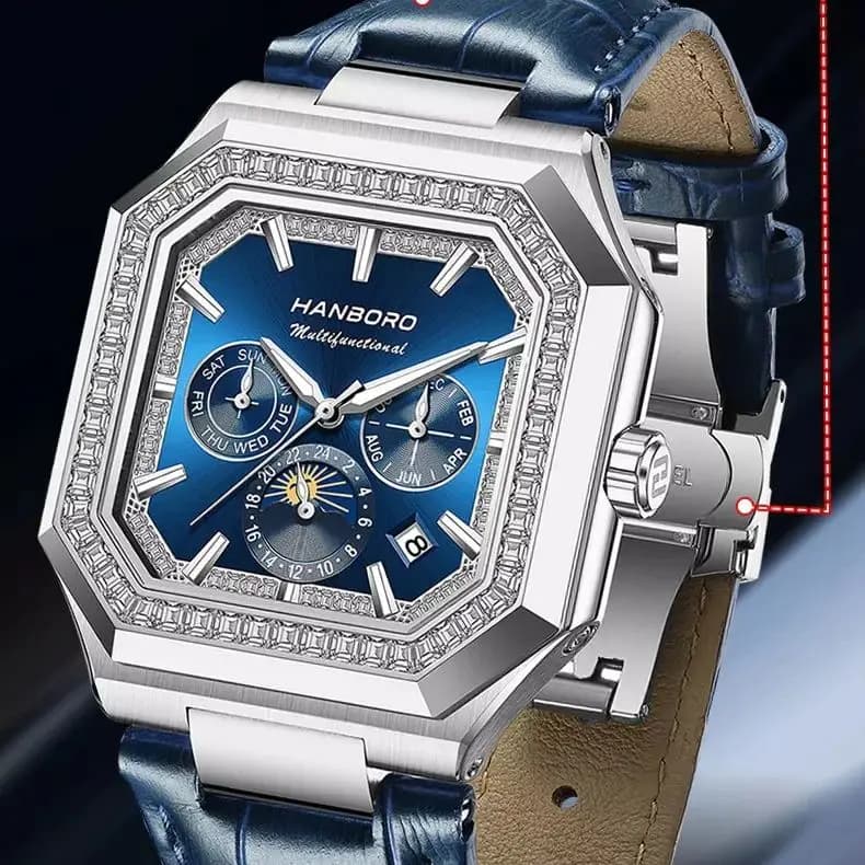 HANBORO Orologio automatico da uomo 38mm Orologio da polso meccanico quadrato 50M Impermeabile Zaffiro luminoso Multi-quadrante Mese Settimana Data JHS08