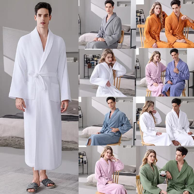 Accappatoio kimono lungo in spugna di cotone 100% autunno da uomo, indumenti da notte casual larghi con abito da coppia tascabile