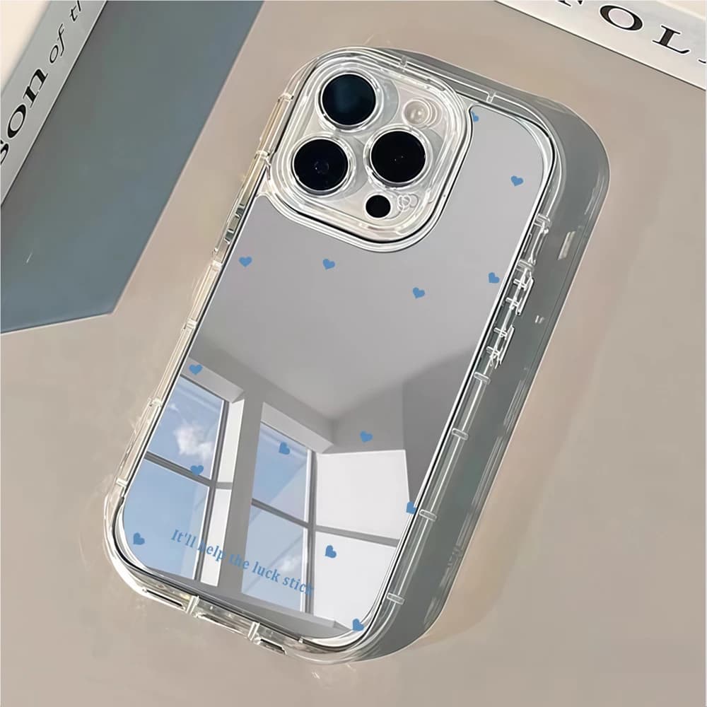 Cute Blue Love Heart Pattern Mirror Acrylic Phone Case For iPhone 17 16 11 12 13 14 15 Pro Max 7 8 Plus Shockproof Bumper Covers