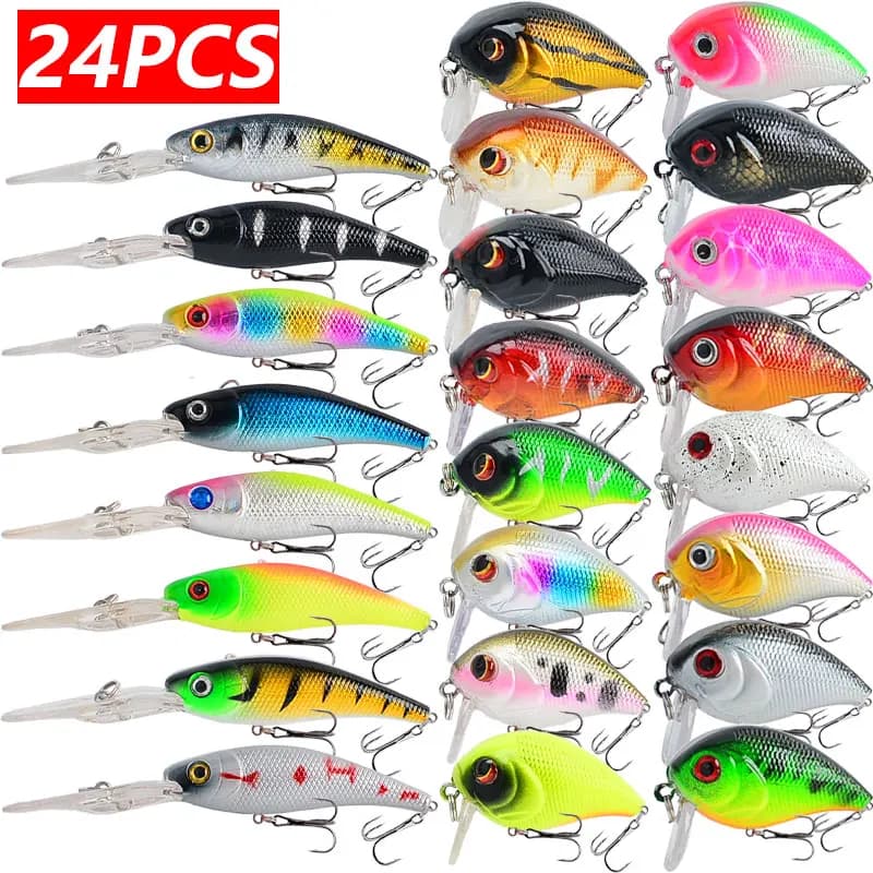 24pcs/lot Fishing Lures 3.94inch/0.33oz Minnow & 1.97inch/0.26oz Crankbait Wbblers 3D Eyes Ideal for Sea & Carp Fishing
