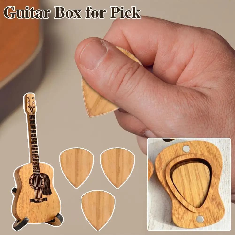 Scatola Porta Plettri in Legno a Forma di Chitarra con Supporto, Nuovo Porta Plettri Unico con Decorazione Incisa