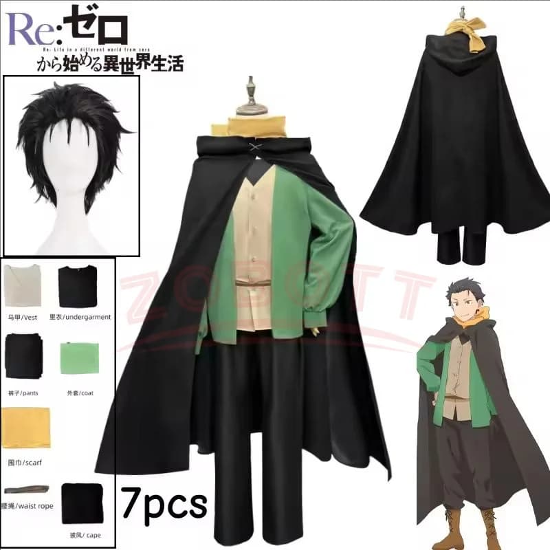 Costume Cosplay di Natsuki Subaru da Re:Zero - Iniziare la vita in un altro mondo, mantello nero, gilet, pantaloni, sciarpa, outfit da gioco per uomo