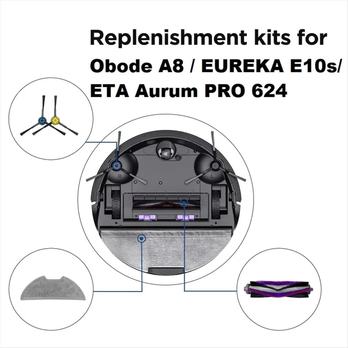 A60P For Obode A8 / Eureka E10S /ETA AURUM Pro 624 Robotic Sweeping Machine Vacuum Accessories Main Side Brush Filter Mop Pad