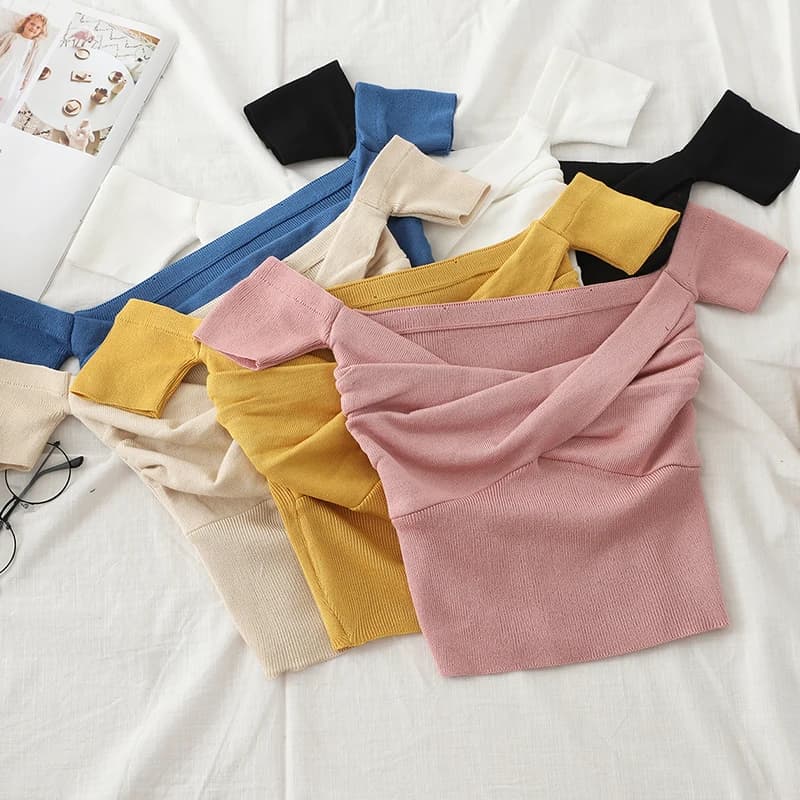 Off shoulder Sweater Women Sexy Solid Pleated Crop Tops Small Size Highstreet 2023 Summer Tops Sweaters For Women