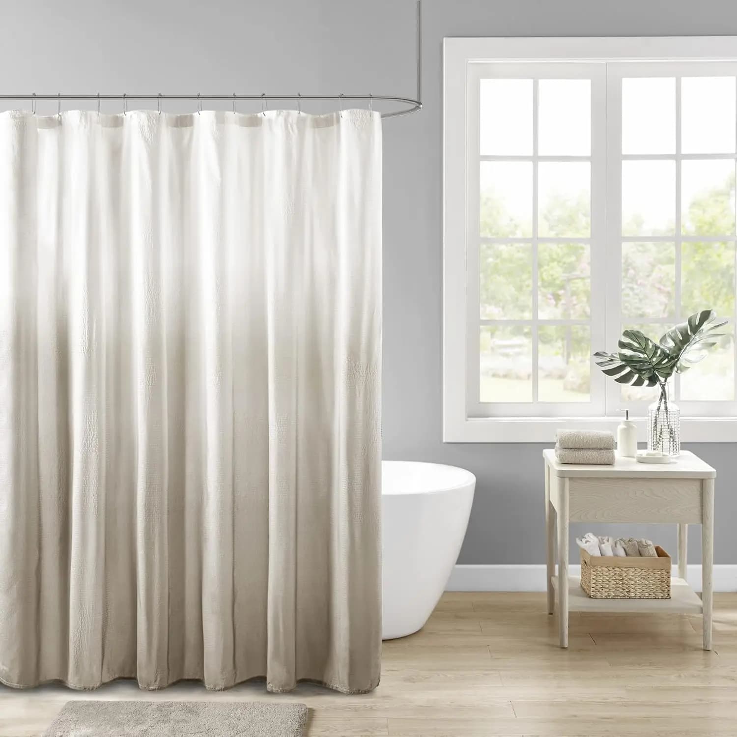 Tenda da doccia Ombre in tessuto seersucker, decorazione moderna per il bagno, schermo per la privacy in tessuto lavabile in lavatrice, 72x72 Taupe