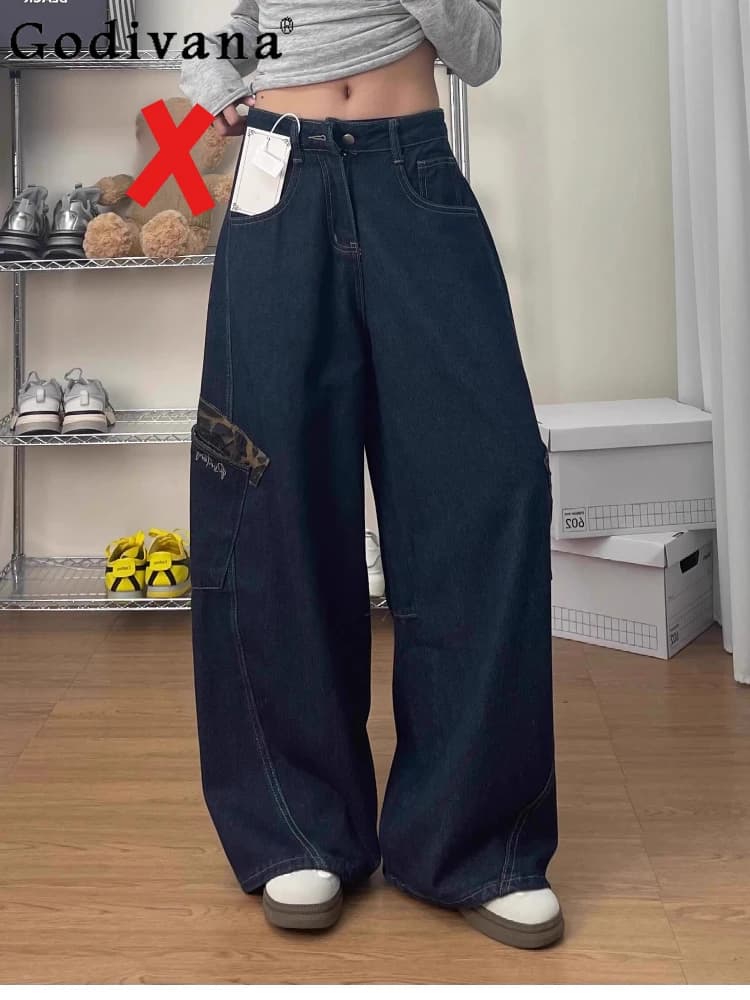 Coreano di grandi dimensioni ragazza strada nuovo jeans a gamba larga a vita alta con stampa leopardata primavera americana blu scuro pantaloni dritti versatili