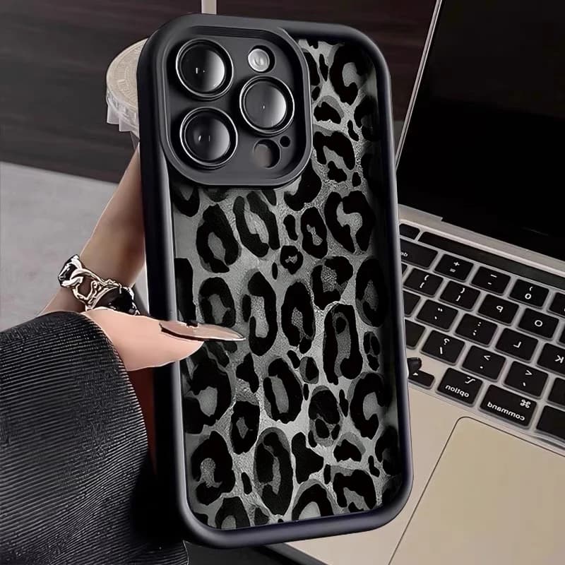 Fashion INS Black Leopard Print Laser Case For iPhone 17Pro 16 15 14 11 12 13 Pro Max 17 Pro 7 8 Plus Shockproof Silicone Funda
