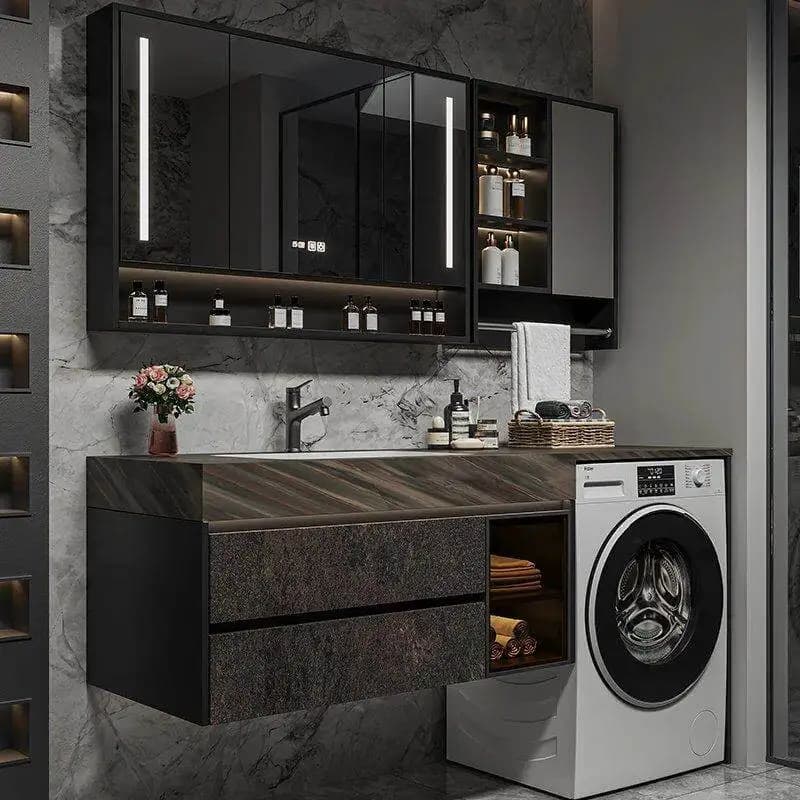 Mobile lavabo integrato in stile moderno e lussuoso per hotel, bagno di lusso con finiture in pietra, lavabo in legno massello
