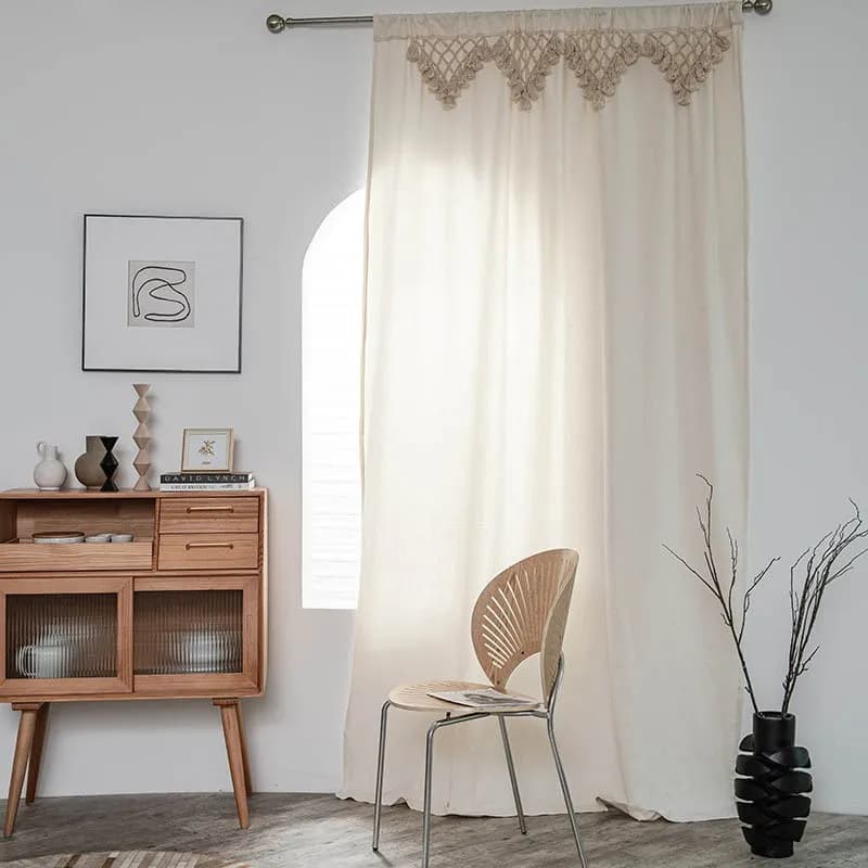 American thick rural window curtain in cotton and linen, tassels with triangular fringes, blackout curtains, bedroom curtains of luxury living room