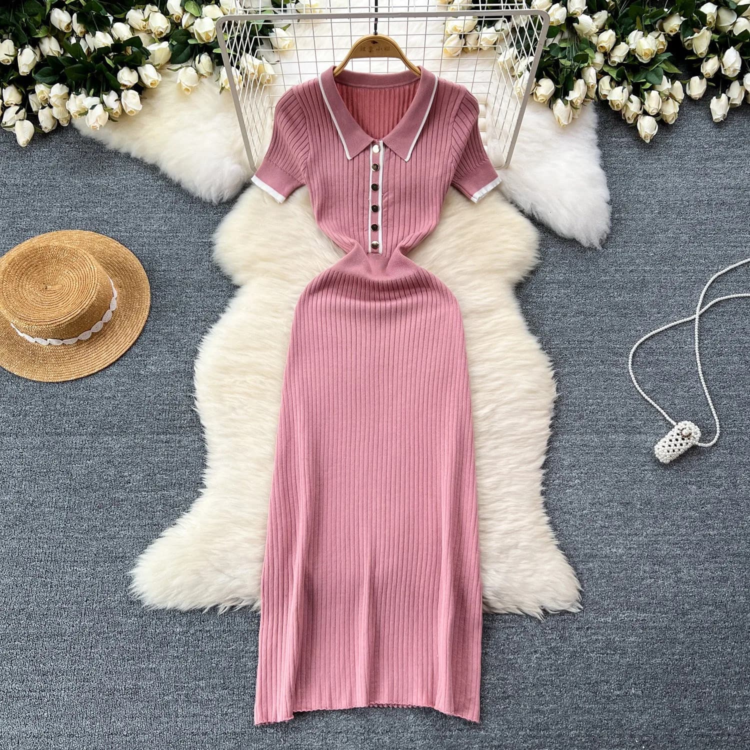 YuooMuoo Women Dress Elegant Turn-down Collar Slim Elastic Ribbed Knitted One Piece Long Shirt Dress Streetwear Lady Vestidos