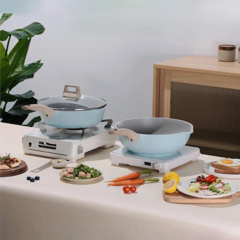 Set di Pentole 4 Pezzi con Fondo per Induzione, Pentola per Zuppa, Padella Antiaderente, Wok con Coperchi in Vetro