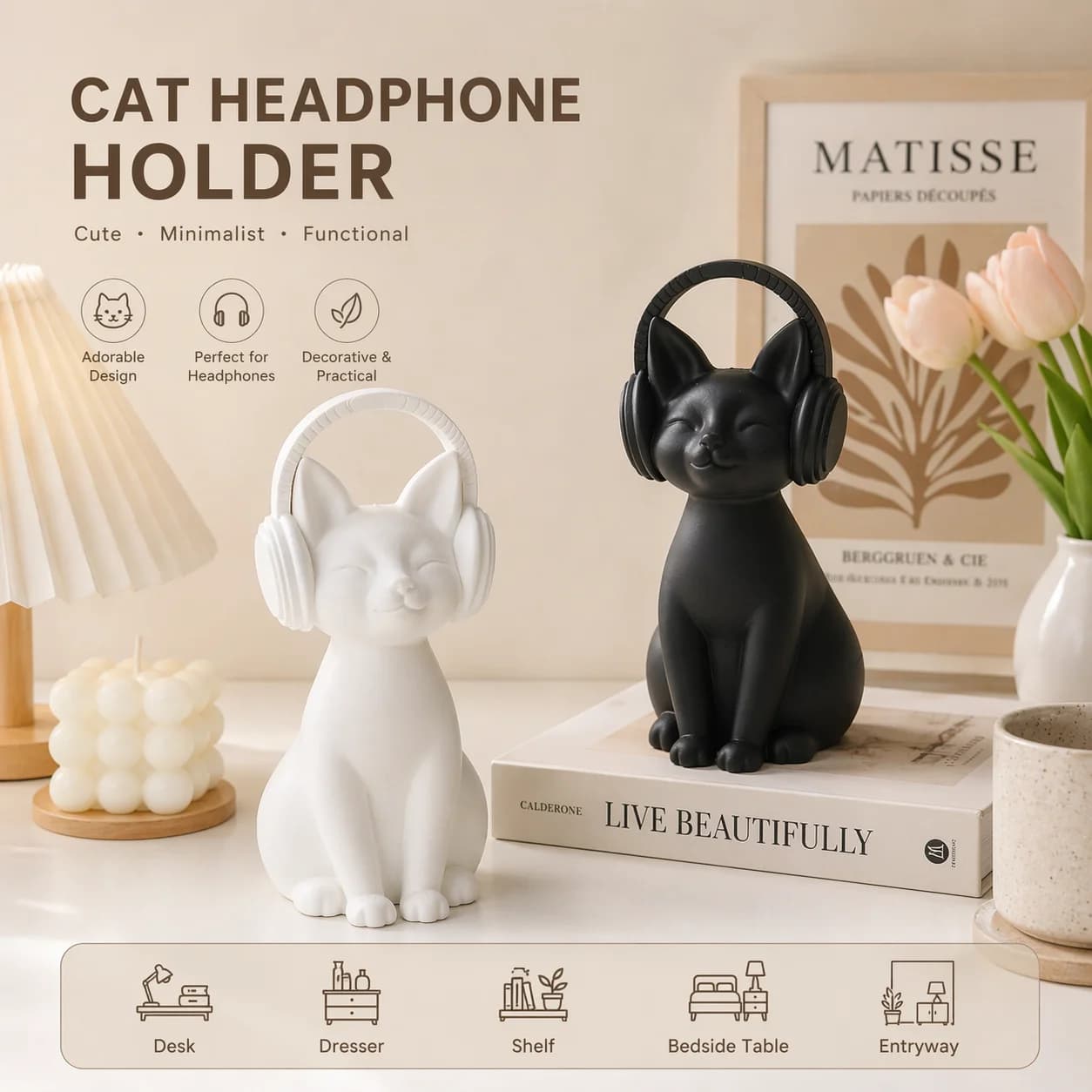 Supporto per Cuffie a Forma di Gatto, Statuetta Musicale di Gatto Carina, Appendi Cuffie Decorativo Nero Opaco e Bianco per Gamer e Amanti della Musica