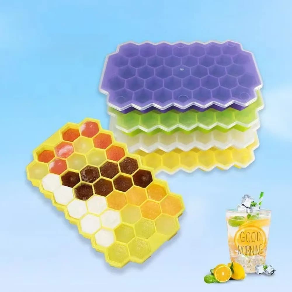 1 Pack 37 Cavity Honeycomb Silicone Ice Cube Tray with Lid, Flexible Hexagonal Ice Maker Mold, BPA Free Reusable Ice Tray for Whiskey, Cocktails, Coffee, Drinks, Stackable Ice Mold for Freezer