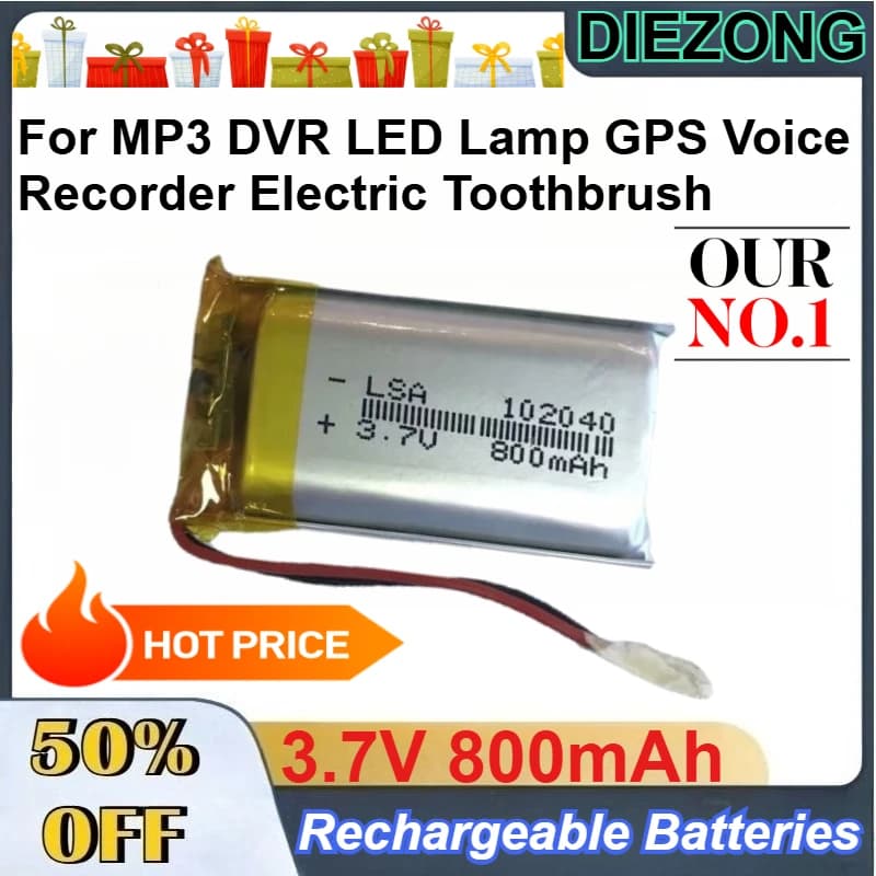 Battery Lithium Polymer 3.7V 800mAh 102040 for MP3, DVR, LED Lamp, GPS, Vocal Recorder, Electric Brush, Rechargeable Batteries