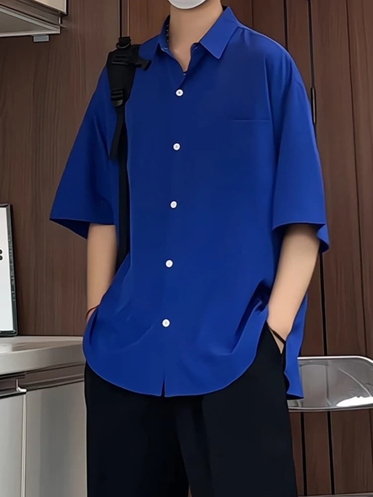 Klein Blue Ice Silk Shirt Men's Summer American Workwear Shirt Draping Quick Dry Handsome Seven-Foot Sleeve Loose Fit Youth T...