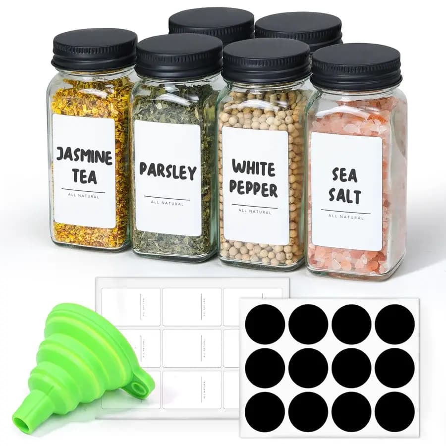 Set di 6 Barattoli in Vetro da 120ml per Spezie con Coperchi Dosatori, 21 Etichette, Set di Prova e Supplemento per Barattoli di Spezie, Contenitori Vuoti Quadrati per Spezie